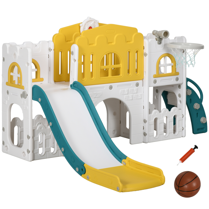 AIYAPLAY Kinderrutsche, 7 in 1, Kleinkinderrutsche mit Basketballkorb, Klettergerüst, Teleskop, Tunnel, Lenkrad, Plattformgang, Aufbewahrungskorb, Kinder Spielplatz für 1 bis 3 Jahre Kinder Aosom – Bild 1 von 2