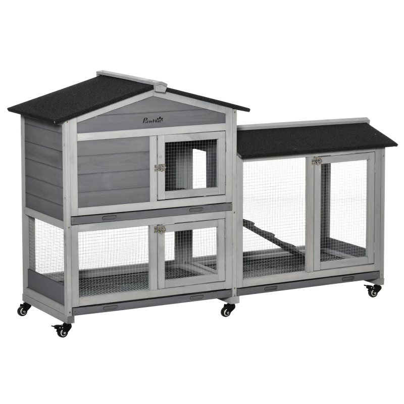 PawHut Kleintierstall Kleintierhaus 157,4x53x99,5cm mit Rollen Freilaufgehege Asphaltdach Doppelstöckiger Tannenholz Stahl Grau Aosom – Bild 1 von 2