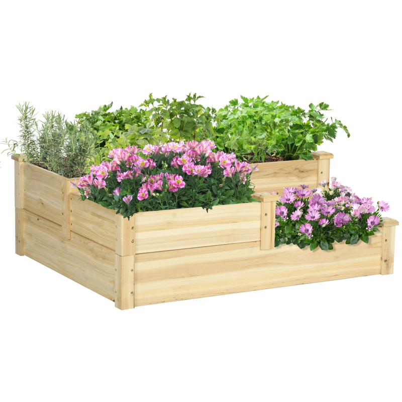 Outsunny Hochbeet 3-stufiges Pflanzenbeet Blumenkasten Kräuterbeet Pflanzentreppe aus Tannenholz in Naturfarbe für Garten & Balkon Aosom.de – Bild 1 von 2