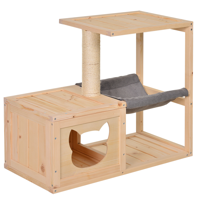 PawHut Katzenhaus mit Hängematte und Sisalstamm, Katzenkiste aus Tannenholz, Natur 70x35x60cm für Katzenliebhaber Aosom.de – Bild 1 von 2