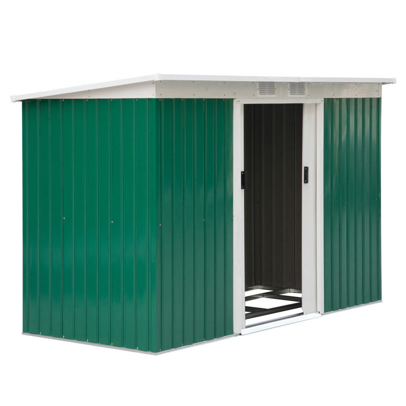 Outsunny Gerätehaus, Gartenhaus, Geräteschuppen mit Schiebetür, Lüftungsfenster, Pultdach, Outdoor, Stahl, Dunkelgrün, 280 x 130 x 172 cm Aosom – Bild 1 von 2