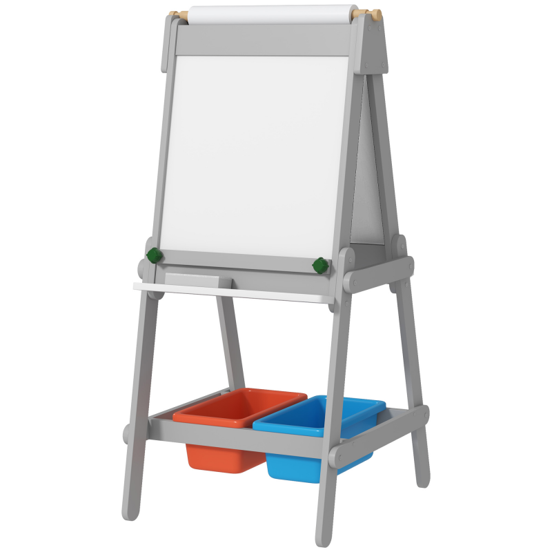 AIYAPLAY 3-in-1 Kindertafel, doppelseitige Kinder Staffelei mit Kreidetafel, Whiteboard, Staffelei mit Radiergummi, Zeichenpapier, Aufbewahrungsboxen, für Kinder 3-8 Jahre, Grau Aosom – Bild 1 von 2