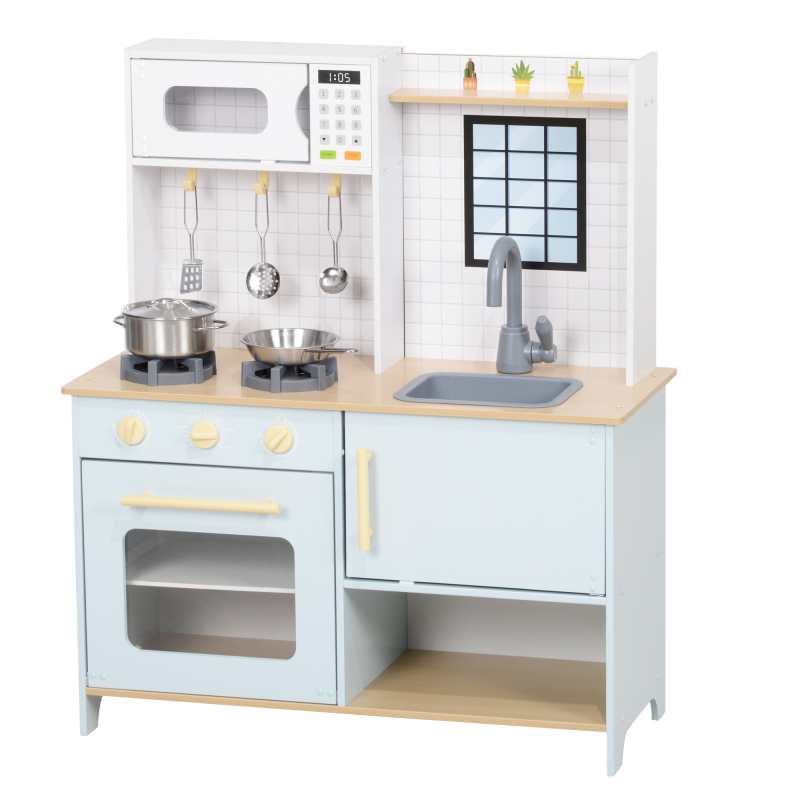 AIYAPLAY Kinderküche Spielküche mit Mikrowelle, Herd, Backofen und Küchenzubehör, Puppenküche mit Stauraum für 3+ Jahre Kinder, Blau Aosom – Bild 1 von 2