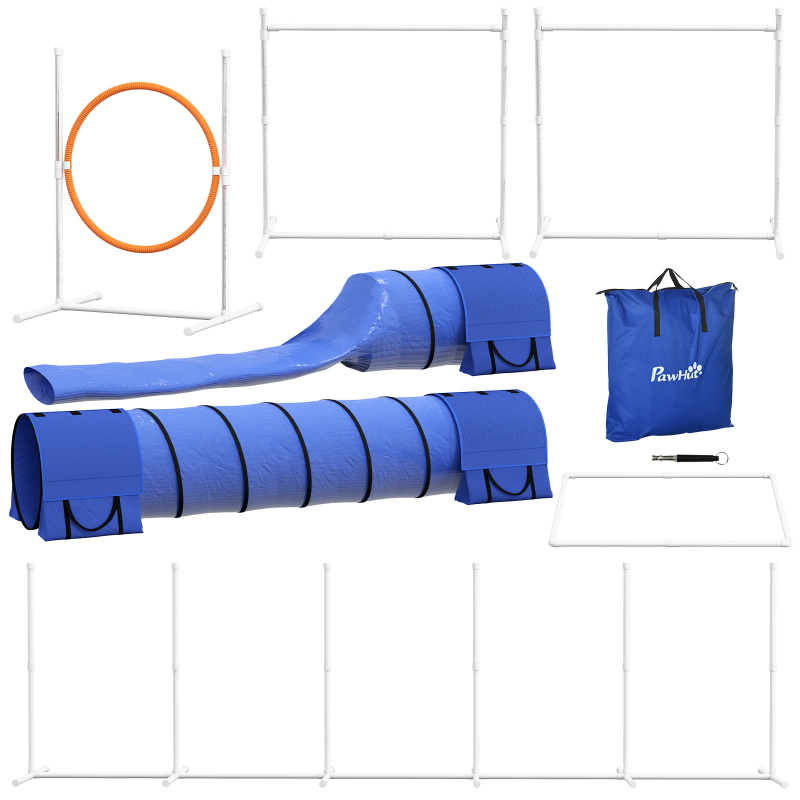 PawHut 7er-Set Hunde Agility Set mit höhenverstellbaren Hürden, Flechtstangen, Tunnel, Sprungring, Pausenbox & Steckhürden Aosom.de – Bild 1 von 2