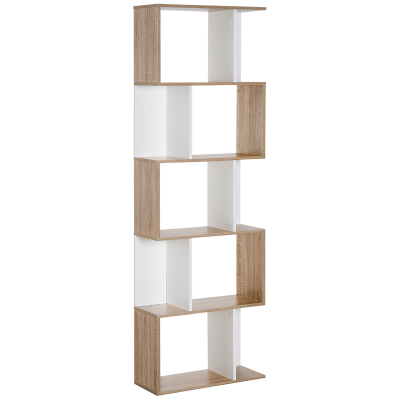 HOMCOM Bücherregal S-förmig Ausstellungsregal Standregal Büroregal 5-stöckiger moderner Raumteiler Spanplatte Weiß 60 x 24 x 184,5 cm Aosom – Bild 1 von 2