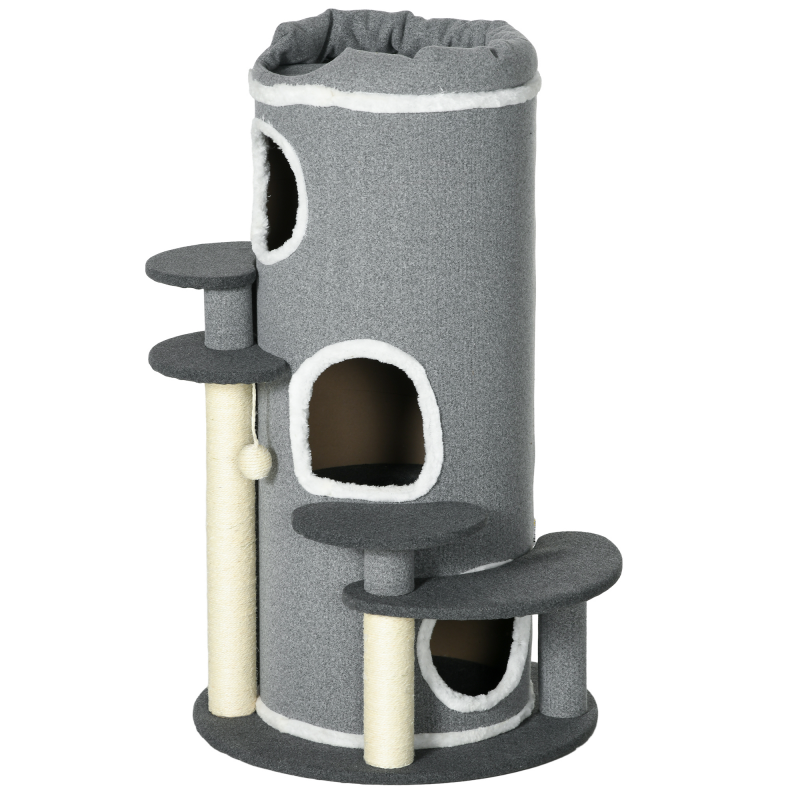 PawHut Katzen Kratztonne 99 cm Spieltonne mit Katzenbett, Spielball & Plattformen, Katzenmöbel, Grau Aosom – Bild 1 von 2