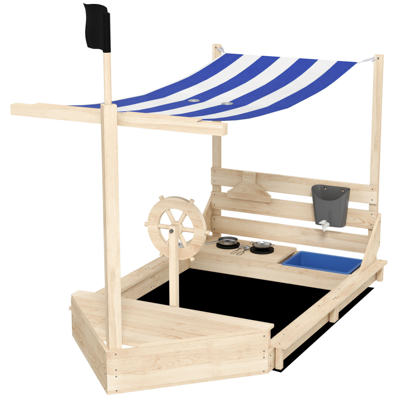Outsunny Sandkasten groß mit Abdeckung Schiff Design 180x103x144,5cm aus Holz, inkl. Küchenspielset für Kinder 3-7 Jahre Aosom.de – Bild 1 von 2