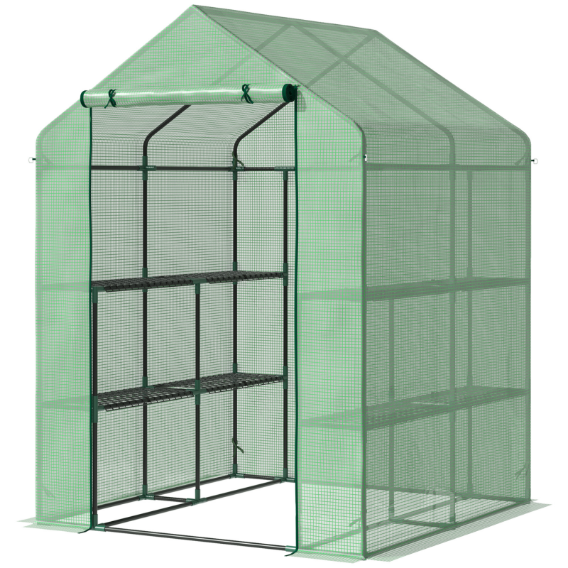 Outsunny Foliengewächshaus Begehbares Treibhaus mit 8 Regalen für Tomaten, Stahl & PE-Kunststoff, grün, mit Tür für optimale Pflanzenpflege Aosom.de – Bild 1 von 2