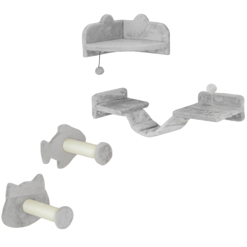 PawHut Katzen Kletterwand Set, 4-teilig Katzenmöbel mit Stufen, Leiter, Sprungtürmen, Kratzbäumen, Spielball, Sisal, für Katzen bis 5 kg, Hellgrau Aosom – Bild 1 von 2
