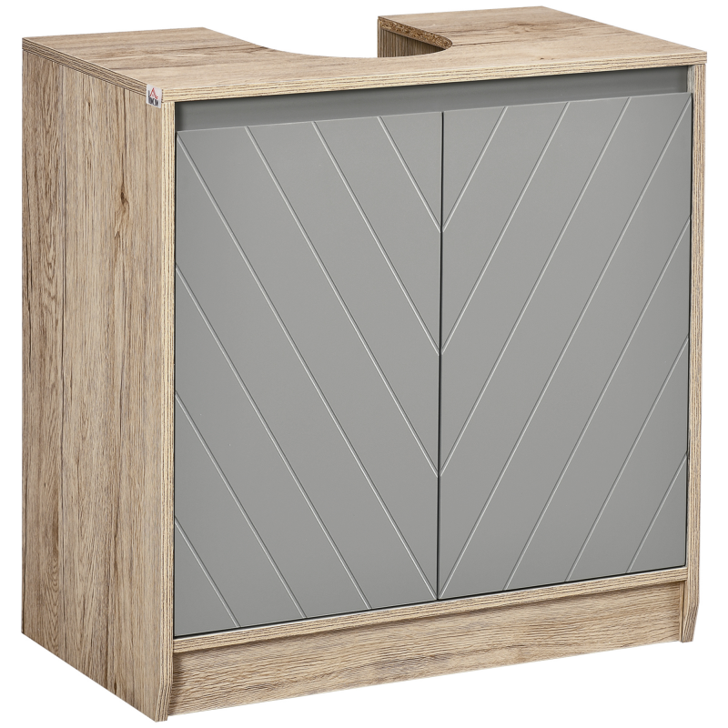 HOMCOM Waschbeckenunterschrank Badschrank Badmöbel mit 2 Türen Unterschrank MDF Grau+Eiche 60 x 30 x 59,8 cm Aosom – Bild 1 von 2