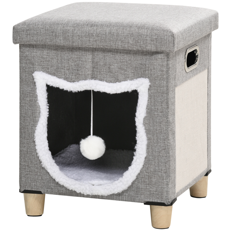 PawHut Katzenhöhle Ottomane mit Kissen und Kratzmatte, Spielball, Anti-Rutsch, grau, Polyester für Katzen Aosom.de – Bild 1 von 2