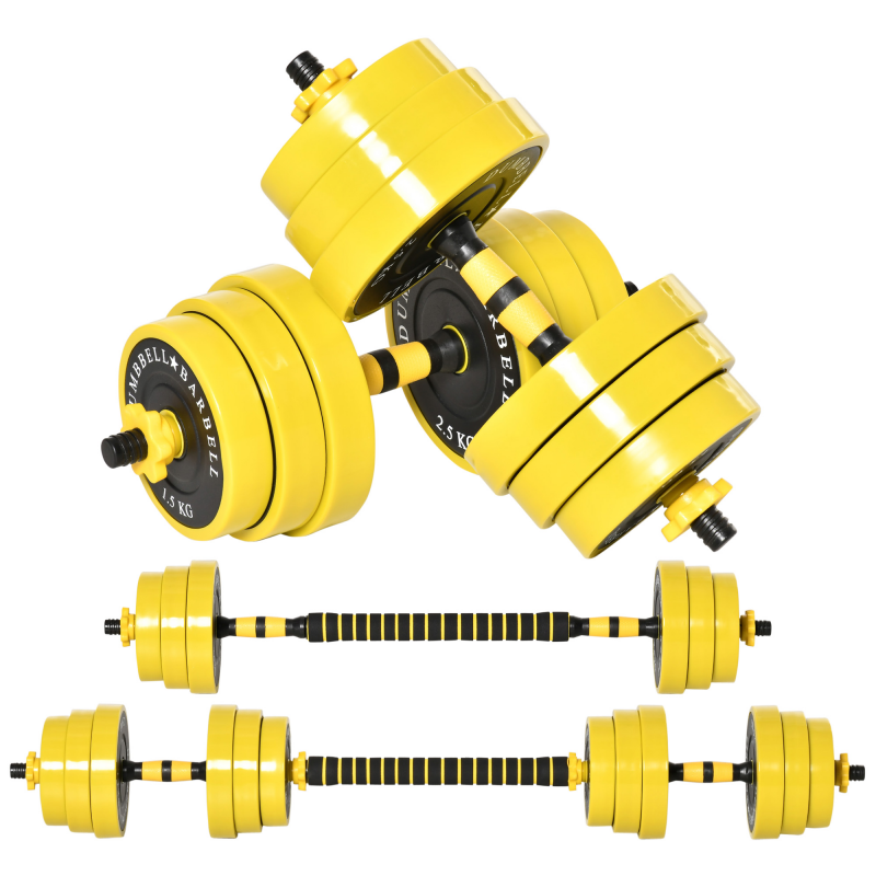 HOMCOM 25 kg Hantelset 3-in-1 einstellbar ergonomisch mit 12 Platten 2 kurzen Stöcken und 1 langem Stock in Gelb Schwarz für Fitness Aosom.de – Bild 1 von 2
