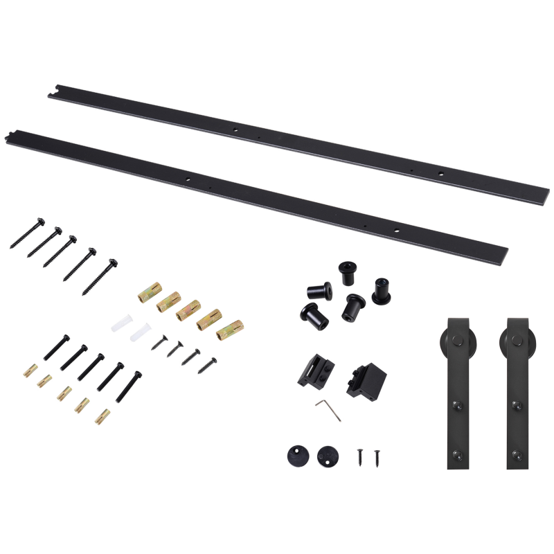 HOMCOM Schiebetüren-Beschlagsatz 200 cm Komplett-Set mit Schienen, Rollen, Schienenstopper, Bodenblock, Set Türschrauben, Schiebetürsystem aus Kohlenstoffstahl Schwarz Aosom – Bild 1 von 2