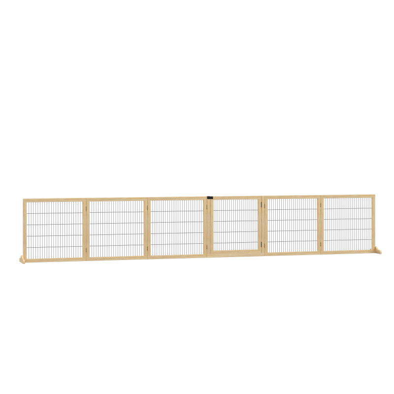 PawHut Türschutzgitter Absperrgitter für Hunde mit Fußstütze, Bidirektionales Falten, Kiefernholz, Metall, Natur, 432x36x70cm Aosom – Bild 1 von 2