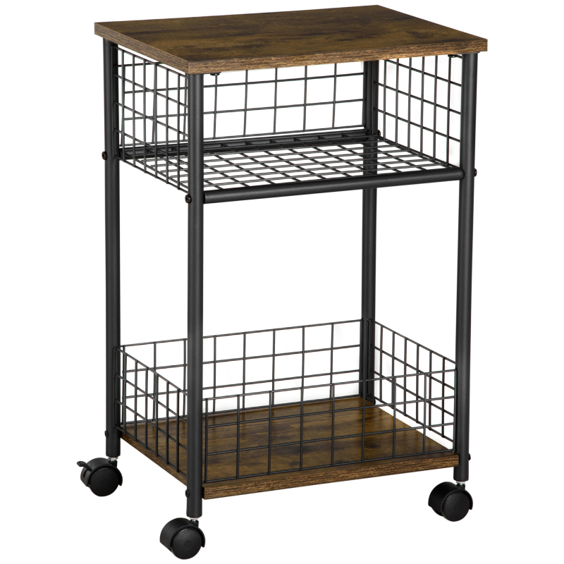 HOMCOM Küchenwagen Servierwagen mit Arbeitsplatte und 2 Aufbewahrungskörben, 360° Lenkrollen, rustikal-braun, 40x30x62 cm Aosom.de – Bild 1 von 2