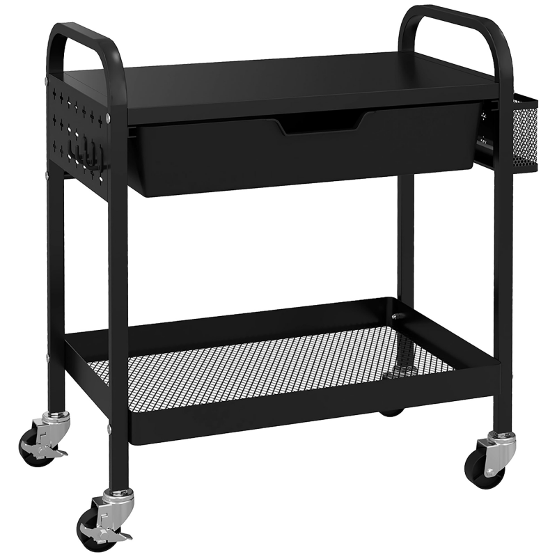 HOMCOM Rollwagen, Servierwagen mit 1 Schublade, 1 Ablage, Küchenwagen Aufbewahrungswagen mit Haken, Beistellwagen für Küche, Wohnzimmer, Stahl, Schwarz Aosom – Bild 1 von 2