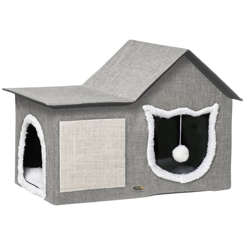 PawHut Katzenhöhle mit Kratzfläche und Doppeltüren, Kuschelhöhle mit Kissen und Spielball, Polyester Grau für Katzenliebhaber Aosom.de – Bild 1 von 2