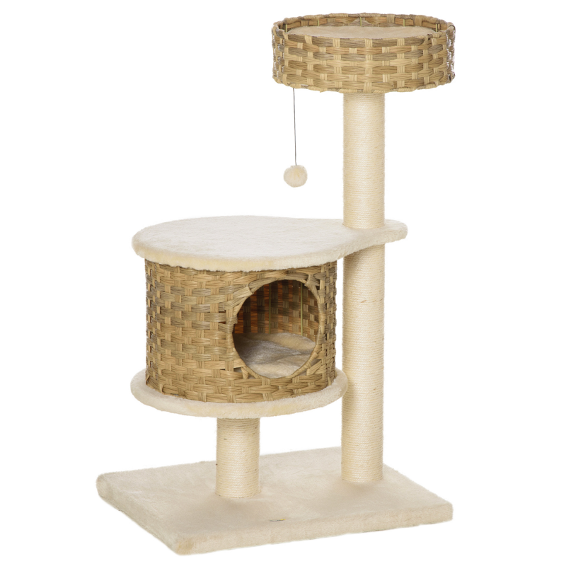 PawHut Kratzbaum Rattan mit Katzenhöhle und Ballspielzeug, Katzenbaum für kleine Katzen, Natur und Beige Aosom.de – Bild 1 von 2