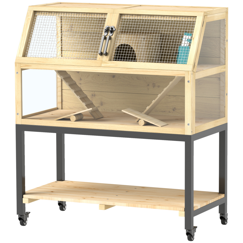 PawHut Zwerghamsterkäfig aus Holz, 87 x 43 x 101 cm Nagerkäfig mit Ablagefläche, Wasserflasche, Hütte, Wippen, Kleintierkäfig mit Rädern, Rampen, Naturholz Aosom – Bild 1 von 2