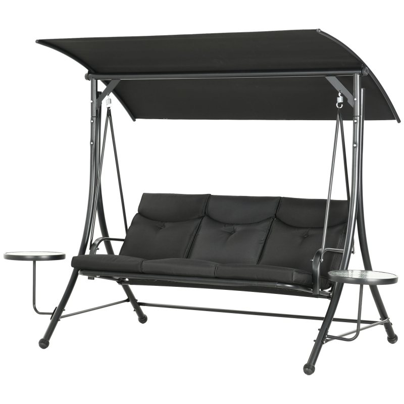 Outsunny Hollywoodschaukel mit Couchtische, 3-Sitzer Gartenschaukel mit verstellbarem Sonnendach, Schaukelbank belast bis 300kg, für Garten, Terrasse, 271 x 125 x 177 cm, Schwarz Aosom – Bild 1 von 2