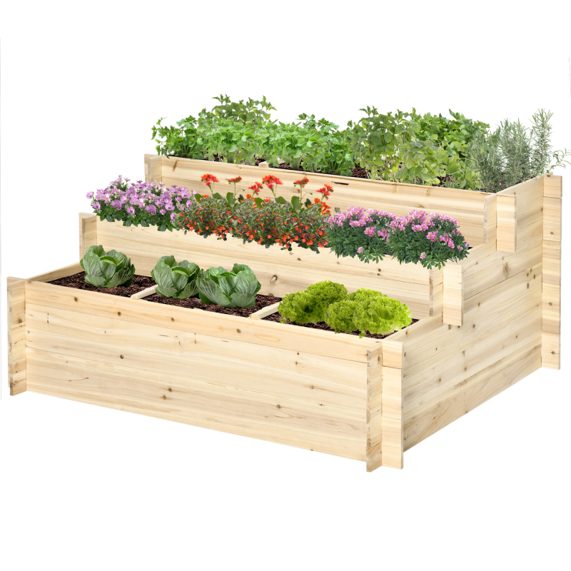 Outsunny Hochbeet 3-stufig Blumenkasten aus Tannenholz für Pflanzen und Kräuter, naturbelassen, 117x100x54cm, ideal für Garten Aosom.de – Bild 1 von 2