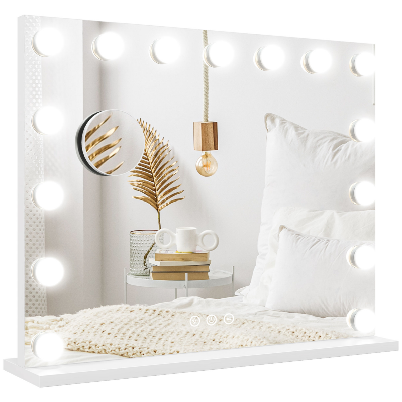 HOMCOM Hollywood Spiegel mit Beleuchtung 58x48cm 15 LED 3 Lichtmodi 10X Vergrößerung tragbar Touchschalter USB-Ladeanschluss Weiß Aosom.de – Bild 1 von 2