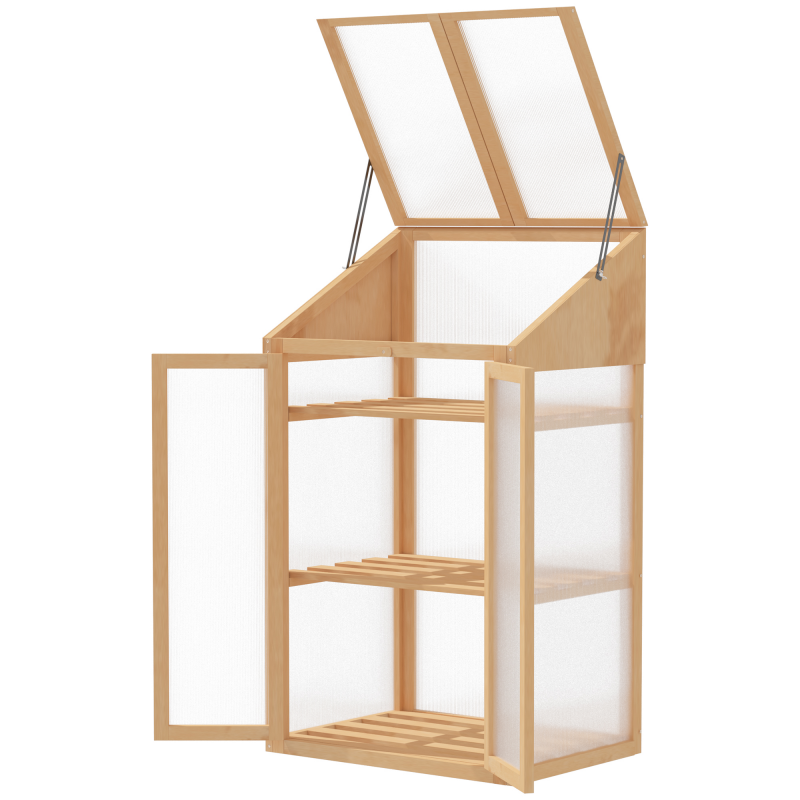 Outsunny Frühbeet aus Holz, Mini Gewächshaus 70 x 50 x 120 cm, Treibhaus mit Abdeckung, Fenster, Doppeltür, lichtdurchlässig Frühbeetkasten mit 3 Regale, winterfest Hochbeet für Garten, Balkon, Braun Aosom – Bild 1 von 2