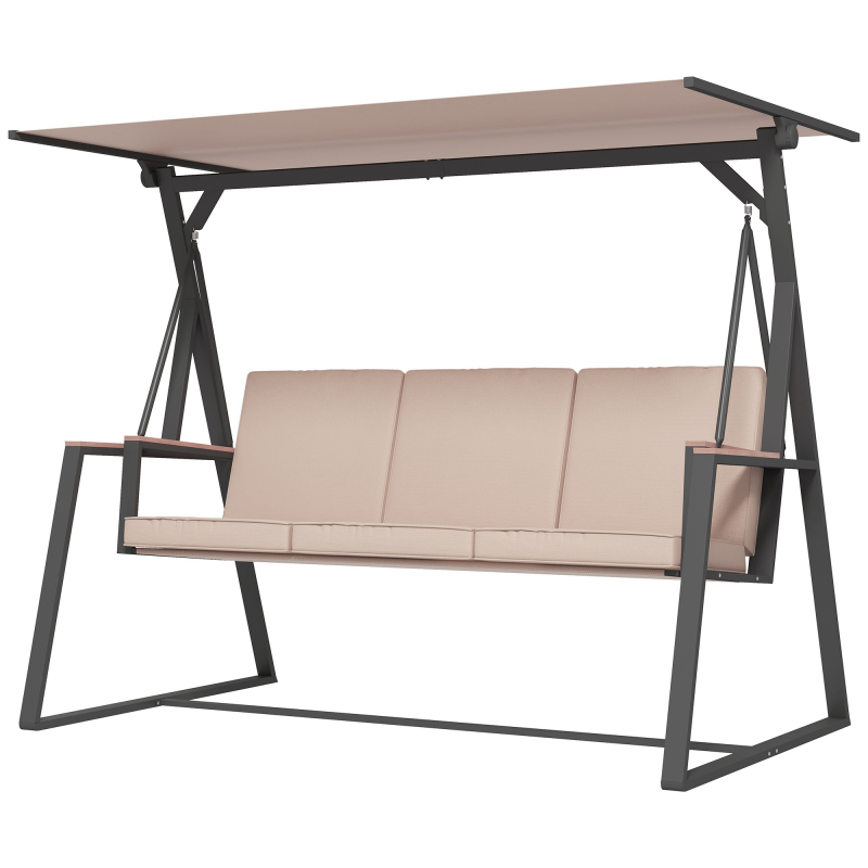 Outsunny Hollywoodschaukel wetterfest, Gartenschaukel mit verstellbarem Dach, für Garten und Terrasse, 205x130x175 cm, Khaki Aosom.de – Bild 1 von 2
