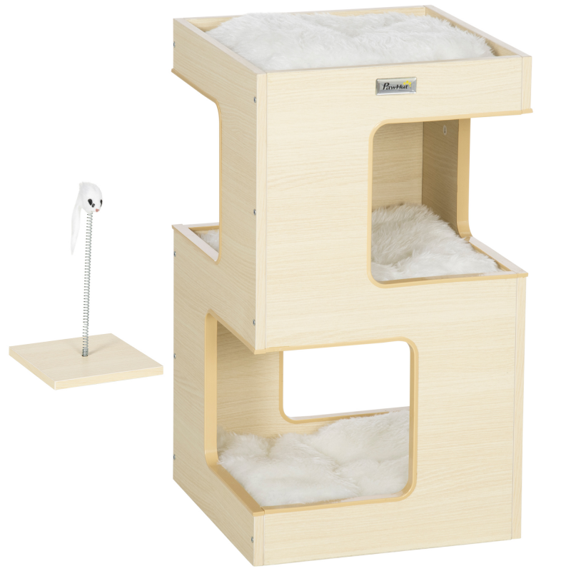 PawHut Katzenhöhle 3-stufiger Katzenschrank Indoor Katzenhaus mit Kissen und Spielzeug aus Eiche 34x34x60 cm für Katzenliebhaber Aosom.de – Bild 1 von 2