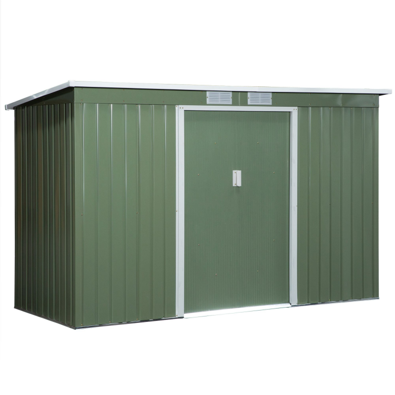 Outsunny Gerätehaus, Gartenhaus, Geräteschuppen mit Schiebetür, Lüftungsfenster, Pultdach, Outdoor, Stahl, Hellgrün, 280 x 130 x 172 cm Aosom – Bild 1 von 2