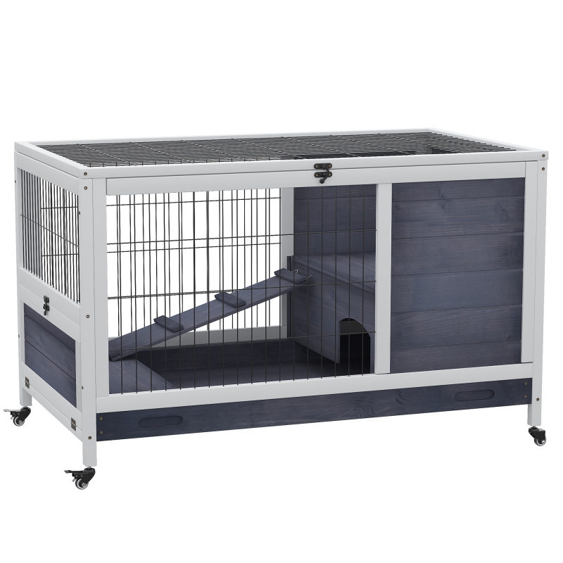 PawHut Kleintierstall mobil mit Rädern für Meerschweinchenkäfig aus Tannenholz in Dunkelgrau und Weiß 90x53x59cm Aosom.de – Bild 1 von 2