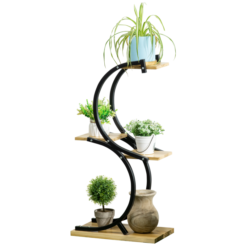 Outsunny Pflanzenregal S-Förmige Blumentreppe 4-Ebenen Pflanzenständer mit Metallgestell und Massivholz Schwarz 46x25x91cm für Garten & Balkon Aosom.de – Bild 1 von 2