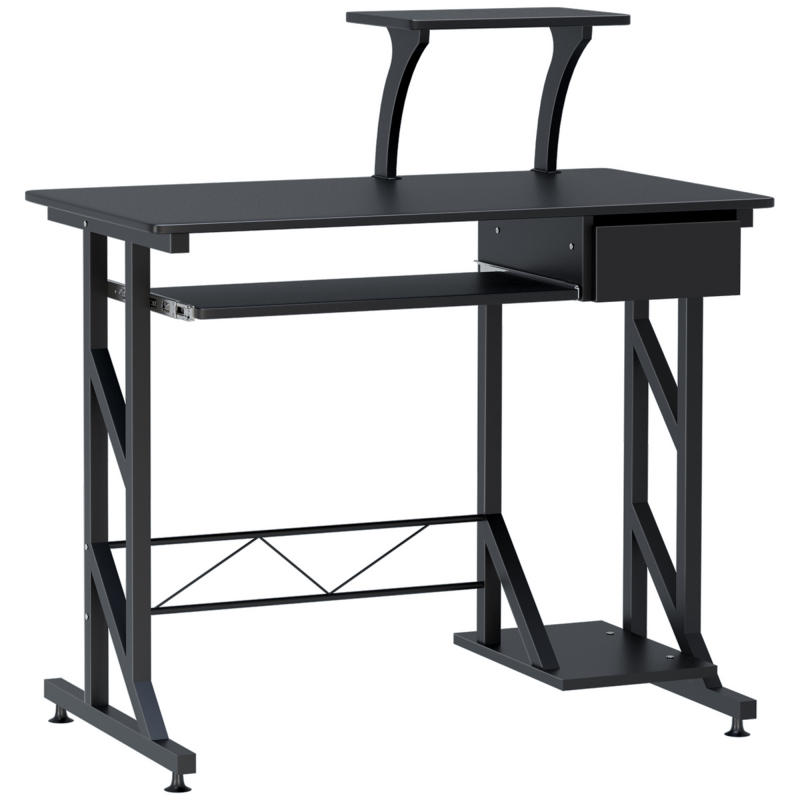 HOMCOM Computertisch Arbeitstisch mit Regalen und Schubladen Schreibtisch Bürotisch Platzsparend stabil Metall MDF Schwarz 90 x 50 x 95 cm Aosom – Bild 1 von 2