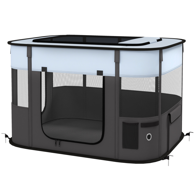 PawHut Welpenauslauf, Welpenlaufstall mit Türen, Fenster, faltbar Laufgitter, Atmungsaktiv Netz, für kleine Hunde unter 10 kg und Kleintiere, Indoor und Outdoor, 94 x 74 x 60 cm, Grau Aosom – Bild 1 von 2