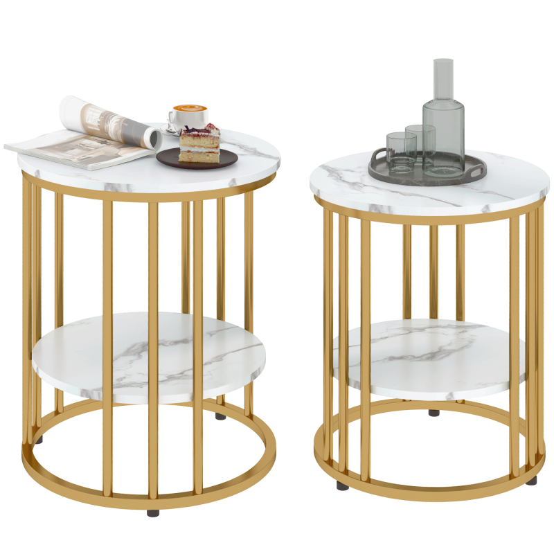 HOMCOM Couchtisch rund 2er Set Beistelltisch mit Ablage, Stahlrahmen, Wohnzimmertisch in Marmoroptik Kaffeetisch für Wohnzimmer Schlafzimmer Weiß Aosom – Bild 1 von 2