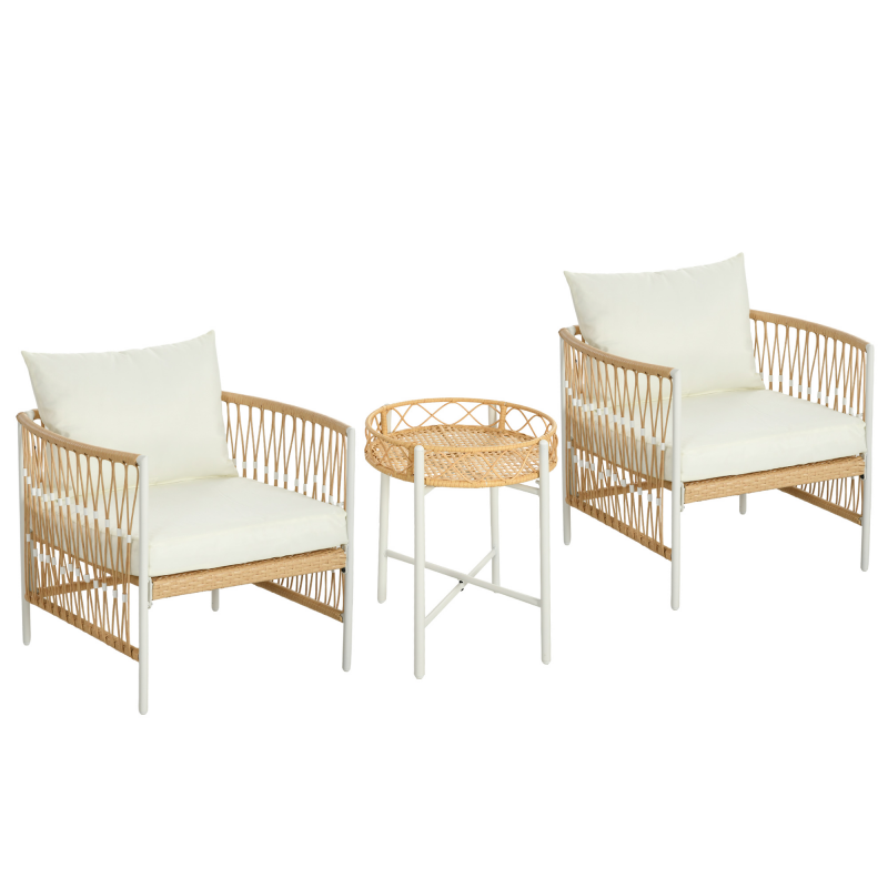 Outsunny 3er Set Rattan Gartenmöbel-Set mit 2 Gartenstühlen und Couchtisch, Balkonmöbel mit Kissen, für Balkon und Terrasse, Gelb und Creme Aosom.de – Bild 1 von 2