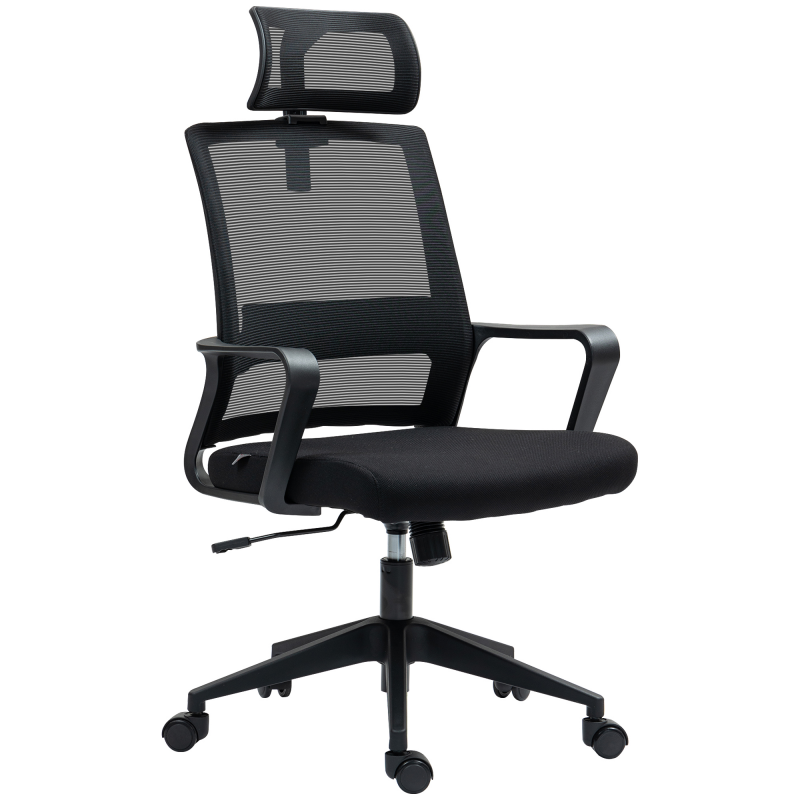 HOMCOM Bürostuhl Ergonomischer Schreibtischstuhl mit Armlehne, Verstellbar Kopfstütze, Höhenverstellbarer Mesh Drehstuhl mit Wippfunktion, Schwarz Aosom – Bild 1 von 2