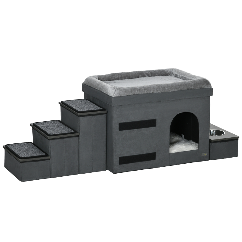PawHut Katzenhöhle Katzenhütte mit Treppe, Katzenhaus mit 2 Edelstahlnäpfen, Katzenbett, Hundehaus mit Kissen, für Katzen, Hunde bis 8 kg, Polyester, 78 x 48 x 49,5 cm, Grau Aosom – Bild 1 von 2