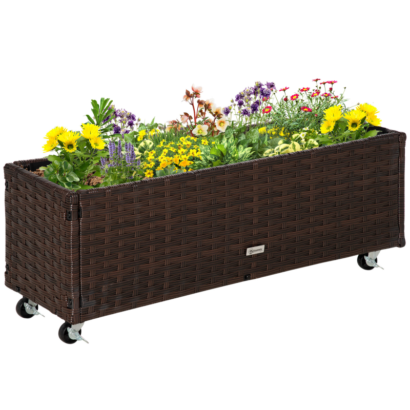 Outsunny Hochbeet Pflanzkasten Poly Rattan mit Rollen 94,5 x 31 x 36 cm, Blumenkübel mit Abflusslöchern, Kaffee-Braun für Garten & Balkon Aosom.de – Bild 1 von 2