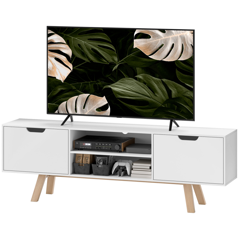 HOMCOM TV-Schrank, Fernsehtisch für Fernseher bis zu 65 Zoll, Lowboard mit 2 Schränken und 2 Regalebenen, Fernsehschrank für Wohnzimmer, 150 x 39 x 50 cm Weiß Aosom – Bild 1 von 2