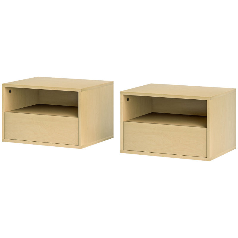 HOMCOM 2er Set Nachttisch hängend, Schwebender Nachtschrank mit Schublade, offenes Regal, Wandschrank für Schlafzimmer, Wohnzimmer, 45 x 35 x 27,5 cm, Naturholz Aosom – Bild 1 von 2