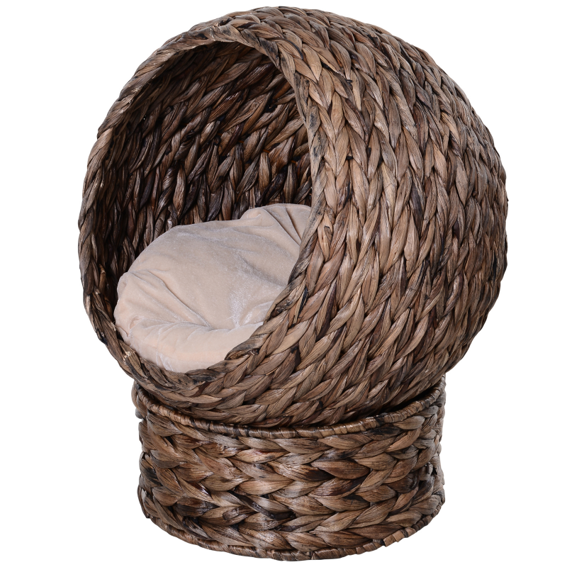 PawHut Katzenbett Katzenhöhle aus Rattan, Katzenhaus Katzenkorb aus Wasserhyazinthe, Katzenhöhle für Wohnzimmer, dunkelbraun 50x42x60cm Aosom – Bild 1 von 2