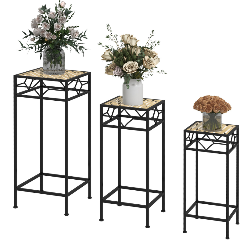Outsunny Pflanzenständer 3-tlg. stapelbarer Blumenhocker Blumentopfhalter mit Rattanoptik für Garten Balkon Metall Gold Aosom.de – Bild 1 von 2