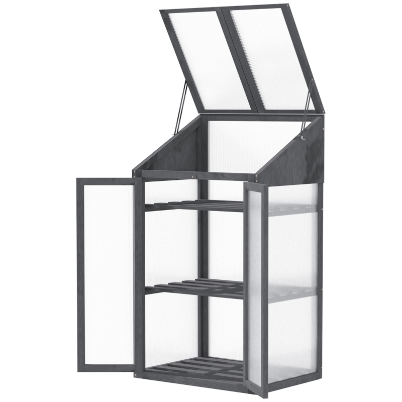 Outsunny Frühbeet aus Holz, Mini Gewächshaus 70 x 50 x 120 cm, Treibhaus mit Abdeckung, Fenster, Doppeltür, lichtdurchlässig Frühbeetkasten mit 3 Regale, winterfest Hochbeet für Garten, Balkon, Grau Aosom – Bild 1 von 2