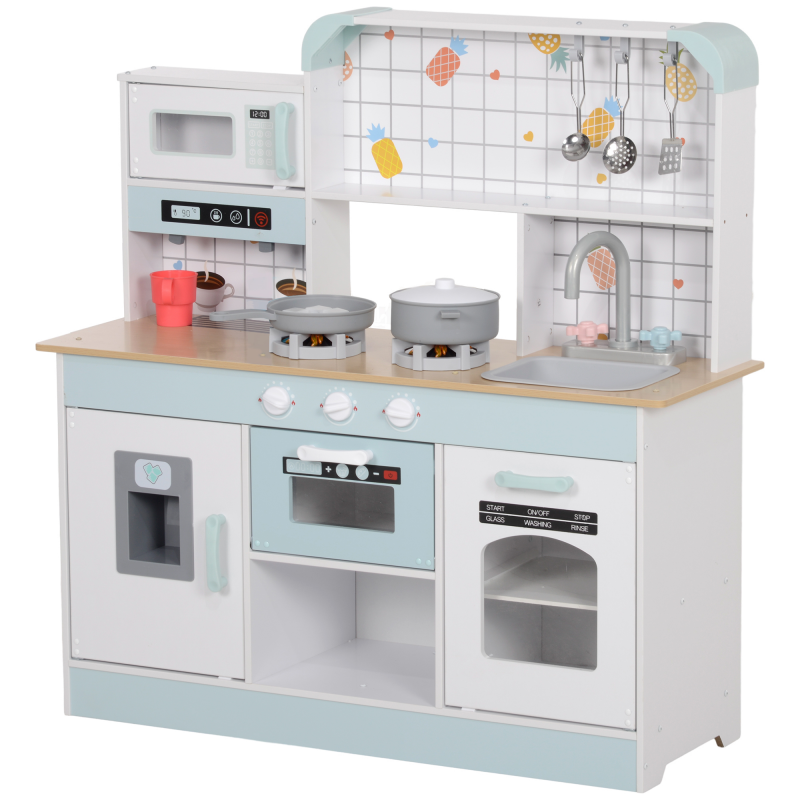 AIYAPLAY Kinderküche Spielküche mit Lichtern, Geräuschen, Kaffeemaschine, Eiswürfelmaschine, Mikrowelle, Ofen, Küchenzubehör, Puppenküche für 3+ Jahre Kinder, Weiß Aosom – Bild 1 von 2