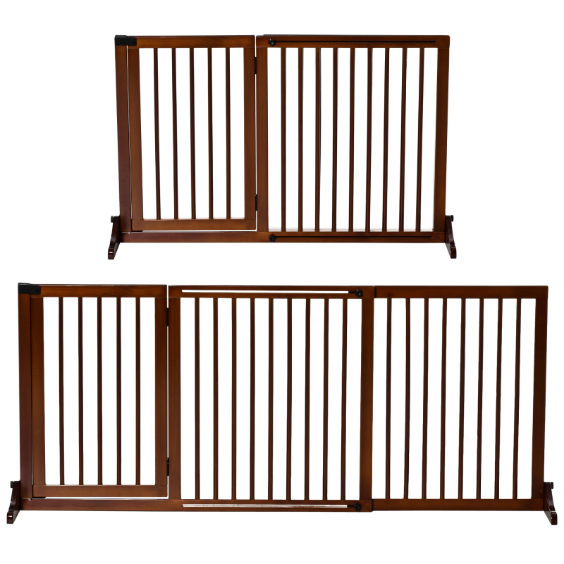 PawHut Absperrgitter Freistehendes Hunde Türschutzgitter mit Tür, Schutzgitter aus Holz, Braun, 113-166x36x71cm Aosom – Bild 1 von 2