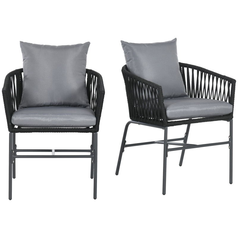 Outsunny Gartenstühle 2er-Set mit Kissen, belastbar bis 120 kg, geschwungener Sitzschal im Boho-Stil, Metallrahmen 57 x 60 x 71 cm, Schwarz Aosom.de – Bild 1 von 2