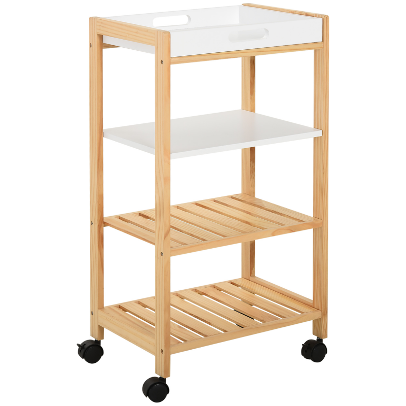 HOMCOM Küchenwagen Servierwagen mit Ablage, abnehmbares Tablett, Kiefer, Weiß+Natur, 40x30x76cm Aosom – Bild 1 von 2