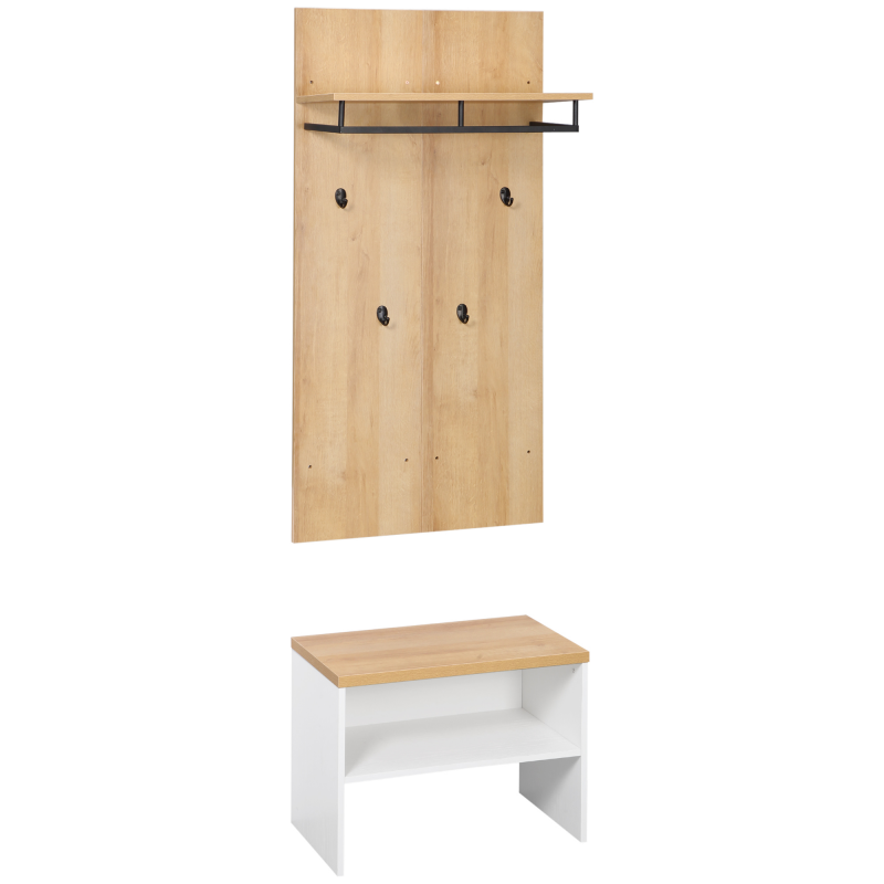 HOMCOM Garderobenset, Komplettgarderobe-Set, Kleiderständer mit Ablage, Flurgarderobe mit Schuhbank, Wandgarderobe, 4 Haken, Flurmöbel für Diele, Natur Aosom – Bild 1 von 2