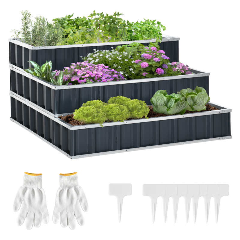 Outsunny Hochbeet Metall 118x118x62 cm, 3-stufiges pflanzentreppe, wetterfest mit T-Form Pflanzenschildern und Handschuhen, Dunkelgrau Aosom – Bild 1 von 2